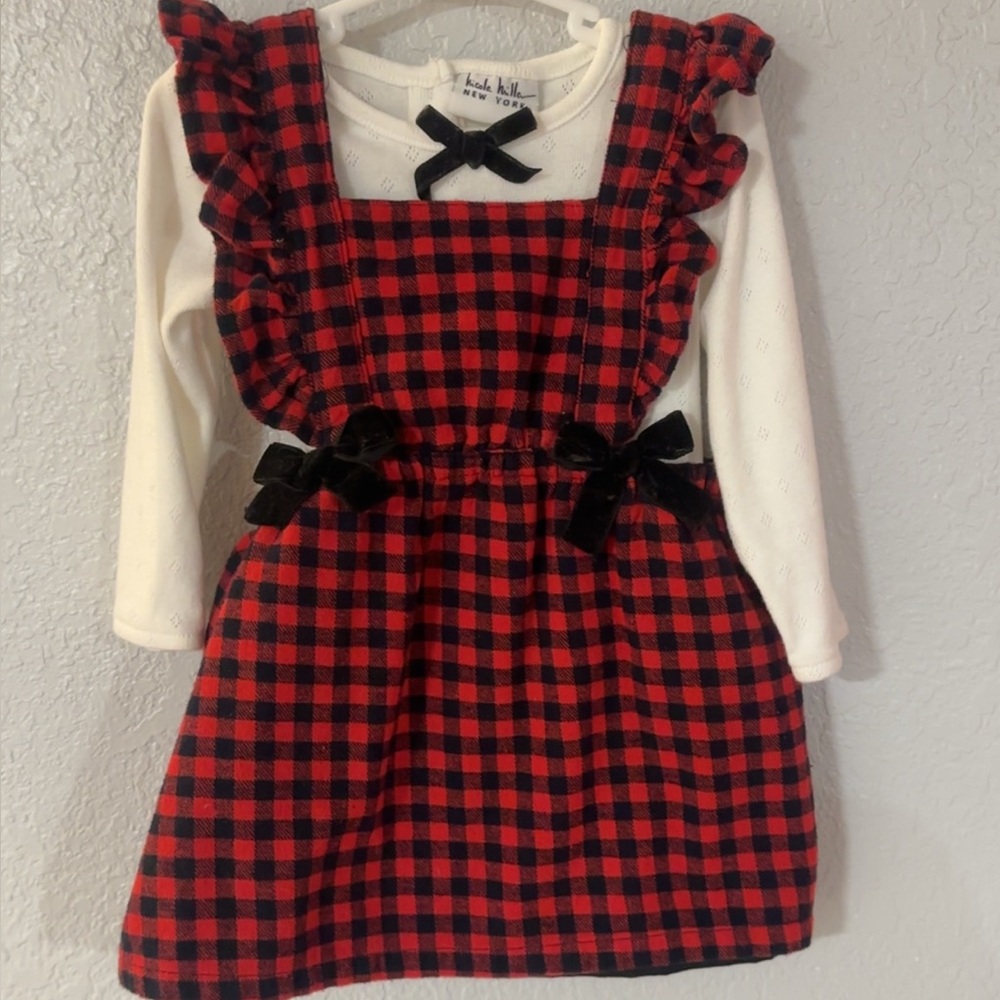 Nicole Miller Red and Black Plaid Dress with White Onsie